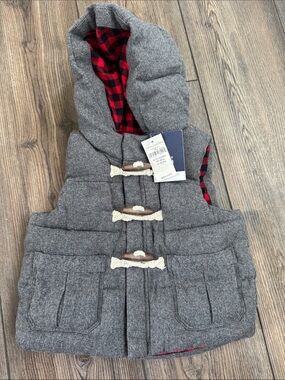 GAP Kids Gray Hooded Puffer Vest with Red Plaid Lining